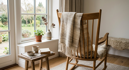 Handgewebter Schal auf Schaukelstuhl – Slow Luxury